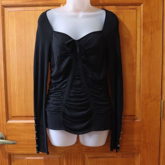 Maurizio Pecoraro Black Wool Sweetheart Neck Jeweled Sleeve Sweater Size 12 - Picture 14 of 14